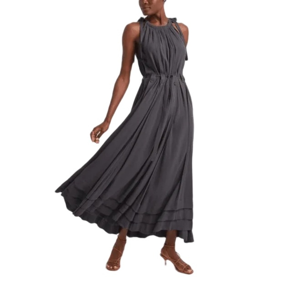 Ulla Johnson Joni Dress Periscope Gray Crepe de Chine Size 2 Halter Bow Pleated